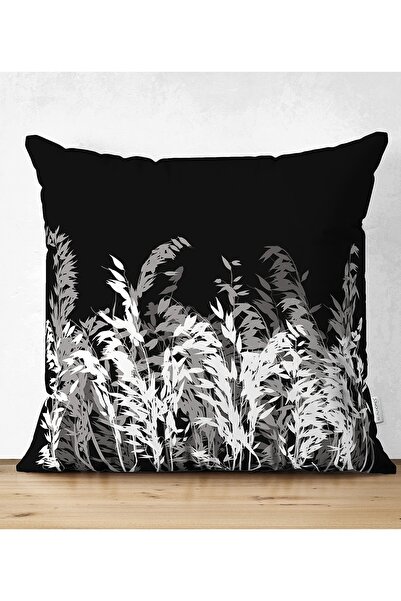 Realhomes Siyah Zeminde Beyaz ve Gri Çiçek Temalı Özel Tasarım Kırlent Kılıfı