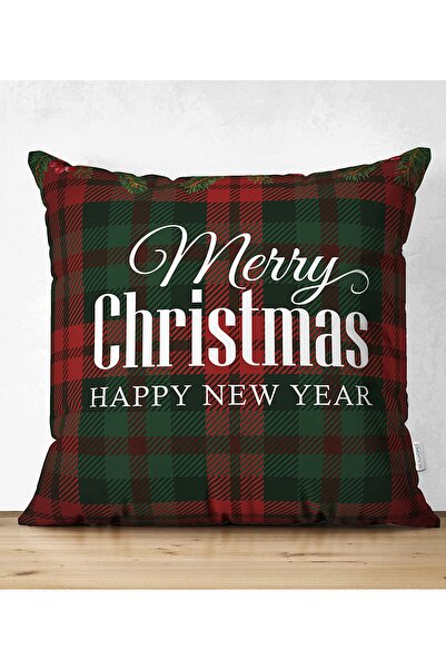 Realhomes Cu două fețe în carouri Crăciun Fericit, cu imprimeu digital, pernă decorativă din piele de căprioară, husă de pernă pe podea