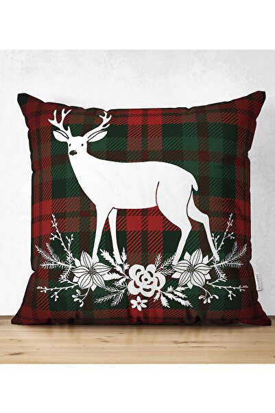 Realhomes Çift Taraflı Ekose Zeminde Yılbaşı Geyik Temalı Dijital Baskılı Süe...