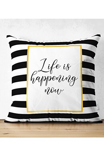Realhomes Çift Taraflı Siyah Beyaz Gold Yazılı Modern Dekoratif Süet Yastık K...