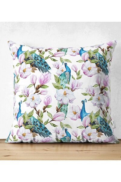 Realhomes غطاء وسادة من جلد الغزال المزخرف على الوجهين مع تصميم الطاووس والزهور