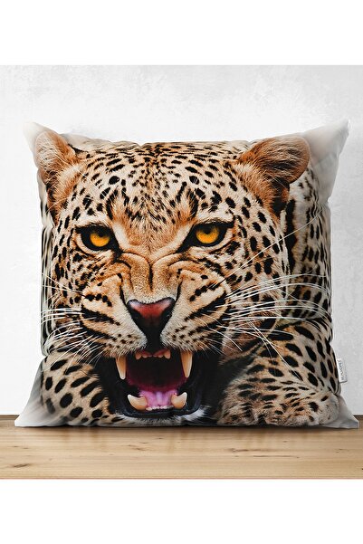 Realhomes Çift Taraflı Leopar Resimli Dijital Baskılı Dekoratif Süet Yastık K...