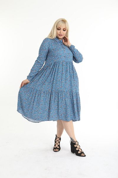 Şirin Butik Rochie de damă, albastră, cu guler de cămașă, cu flori mari