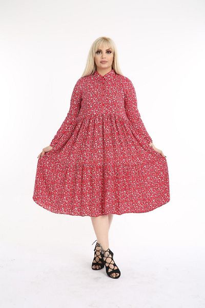 Şirin Butik فستان نسائي بياقة قميص مقاس كبير مزين بالزهور باللون الأحمر