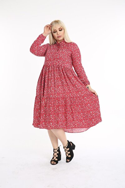 Şirin Butik Women's Red Floral Plus Size Shirt Collar Dress