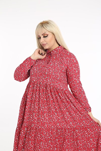 Şirin Butik Women's Red Floral Plus Size Shirt Collar Dress