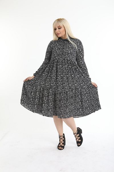 Şirin Butik Women's Black Floral Shirt Collar Plus Size Dress