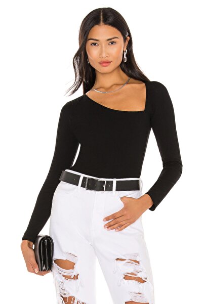 By Kul Design Дамски черен асиметричен боди с дълъг ръкав