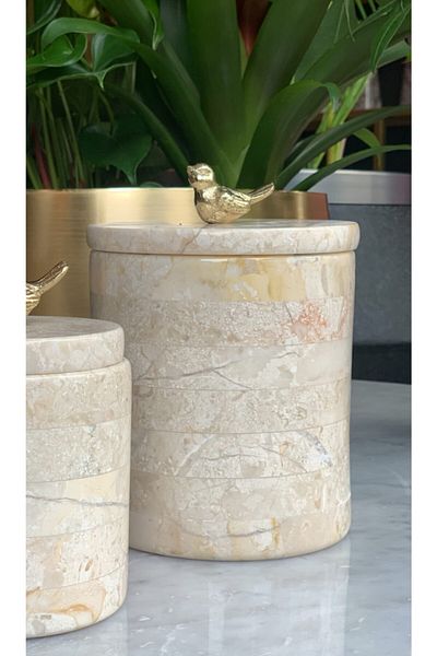 mar&more Beige Bird Figured Marble Box with Lid