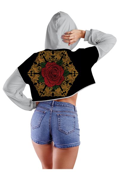 ACR Giyim Tekstil Forma Baskı Women's White Mexican Rose Front And Back Printed Hooded Crop Top 2 Thread Sweatshirt