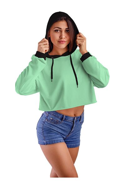 ACR Giyim Women's Aqua Green Hooded Crop Top Sweatshirt