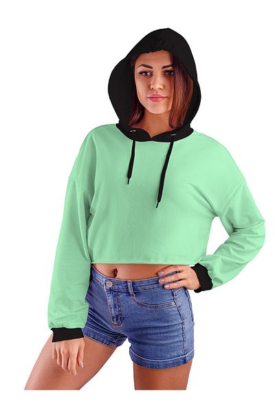 ACR Giyim Women's Aqua Green Hooded Crop Top Sweatshirt
