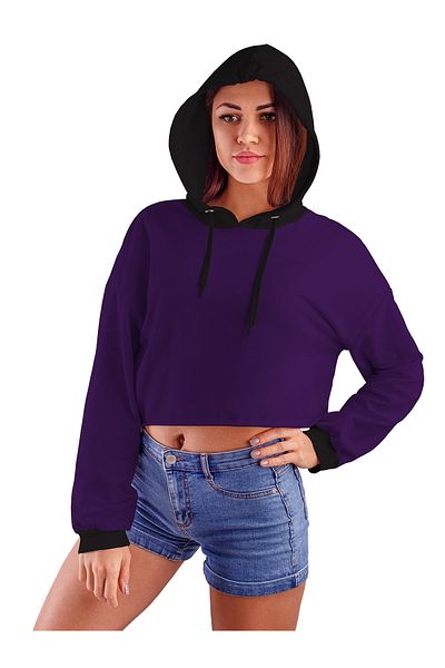 ACR Giyim Women's Dark Purple Hooded Crop Top Sweatshirt 2 Threads