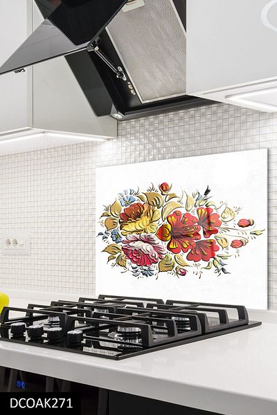 Olinpa 60X52 cm Glass Stove Back Protector Built-In Back Protective Flower