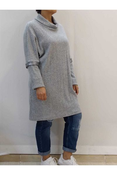 Mertcan Butik Γυναικείο γκρι μπλουζάκι με παλέτα με λεπτομέρεια με μανίκια νυχτερίδας