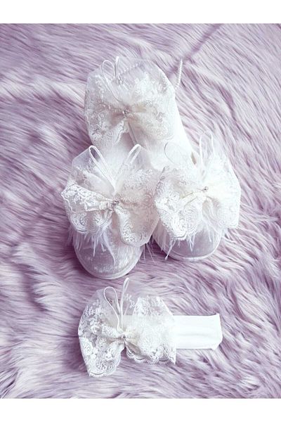 Şeker Tadında Tasarımlar White French Guipure Detailed Maternity Crown Slippers Baby Band Set