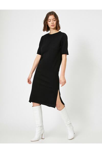 Koton Kadın Siyah Yirtmaç Detayli Elbise