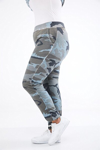 Seamoda Women's Light Blue Camouflage Pattern Oil Washed Leg Elastic Sweatpants