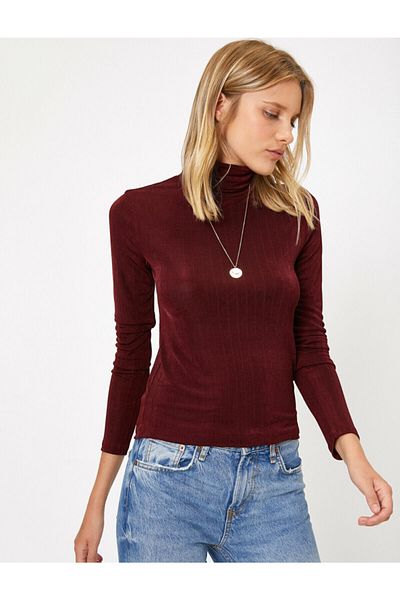 Koton Women's Claret Red Turtleneck T-Shirt 0KAK13302EK