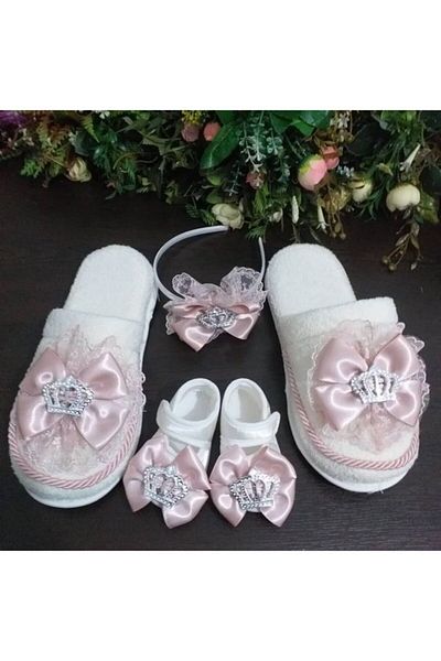 SÜSLÜTASARIM Women's Powder Maternity Slippers Set with Crown and Booties
