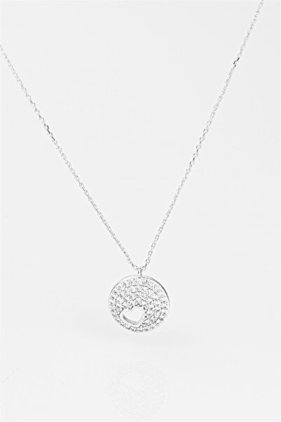 Sortie Aksesuar Women's Silver Color Heart Figured Zircon Necklace in Circle 048