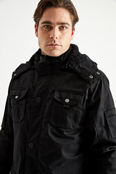 DYNAMO Ανδρικό παλτό με μαύρη κουκούλα με γούνα με αδιάβροχη επένδυση