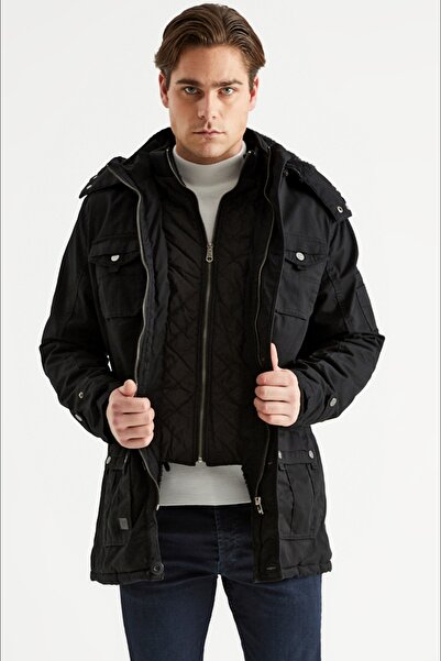 DYNAMO Ανδρικό παλτό με μαύρη κουκούλα με γούνα με αδιάβροχη επένδυση