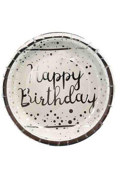 Hayaller Dükkanı White Shiny Leaf Printed - Silver Happy Birthday Pack 6