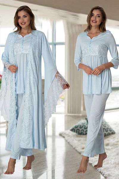 Effort Pijama طقم بيجامة للحوامل من Effortt 3015 باللون الأزرق مع ثوب نوم للأميرة