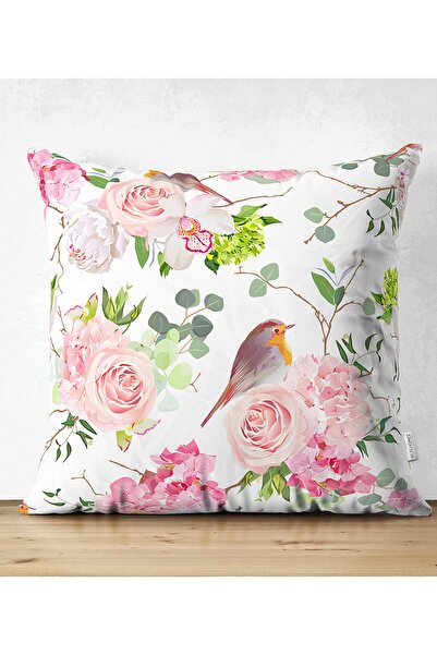 Realhomes Renkli Kuş Motifli Dijital Baskılı Çift Taraflı Süet Yastık Kırlent...