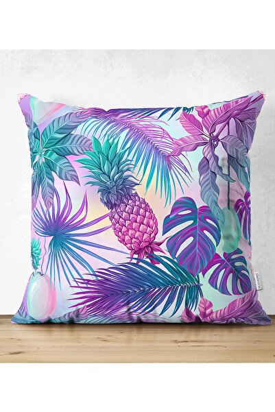 Realhomes Çift Taraflı Mavi Zeminde Tropikal Objeler Modern Süet Yastık Kırle...