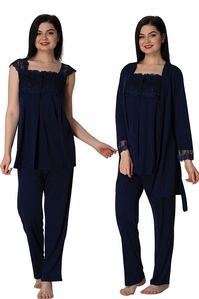 Effortt Women's Navy Blue Maternity Pajamas Set with Dressing Gown