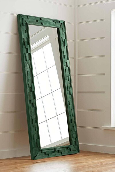 bluecape Jenga Yeşil Doğal Ağaç Masif 58x148 Cm Tahta Parçalı Salon Ofis Duvar Konsol Antre Boy Aynası