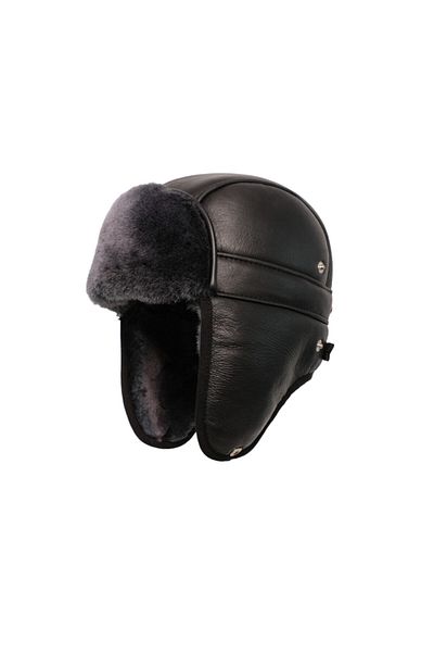 Mumcu's Leather Unisex Black Leather Winter Pilot Cap