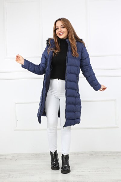 S&V TEKSTİL Жіноче темно-синє надувне довге пальто надувне пальто