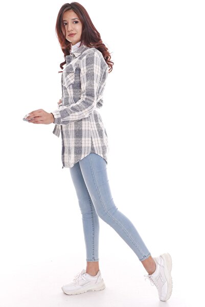 DISENTIS MODEST Γυναικείο πουκάμισο με τζάκετ σε γκρι λευκό καρό ξυλοκόπο με ζώνη
