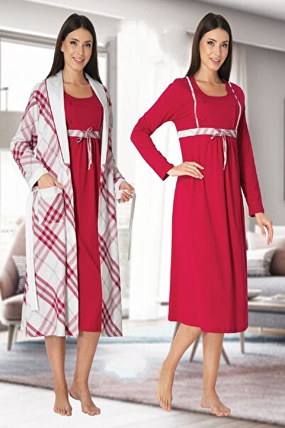 BLACKMORE طقم ثوب نوم منقوش بأكمام طويلة من الكرز للحوامل بعد الولادة