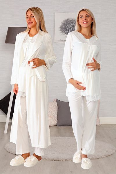 lohusahamile Maternity Pajama Set with Hidden Breastfeeding Feature 4034 Ecru Long Dressing Gown