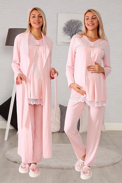 lohusahamile 4034 Powder Pink Long Maternity Pajamas Set with Hidden Breastfeeding Features