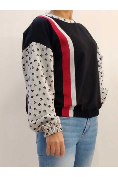 Mertcan Butik Hanorac negru cu detaliu dungi Deesnli pe mâneci
