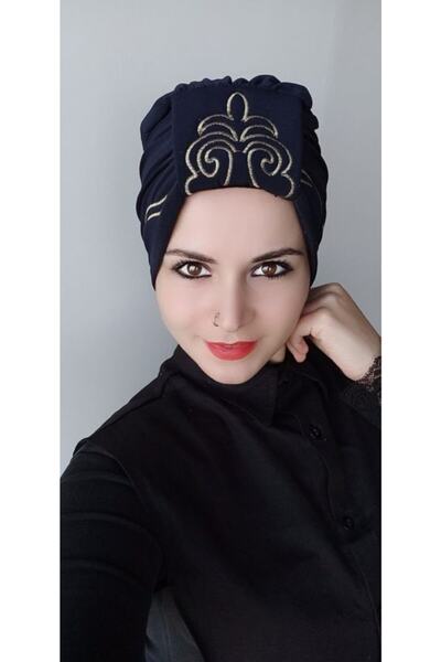 BAV Butik Ayvitrin شال نسائي بنمط مطرز على الوجهين باللون الأزرق الداكن