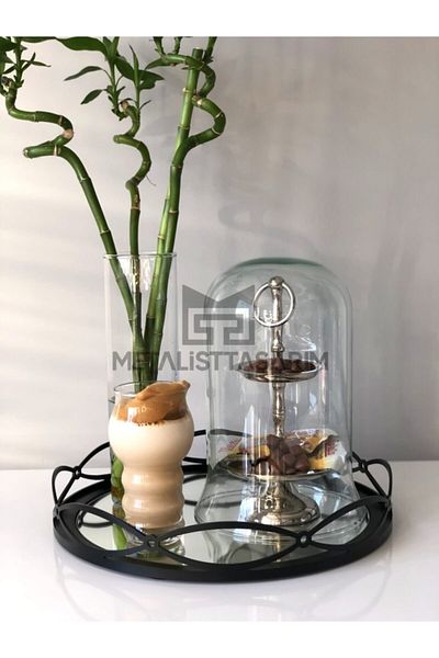 Metalist Tasarım Irmak Decorative Mirrored Tray Round Matte Black Color 36cm Black