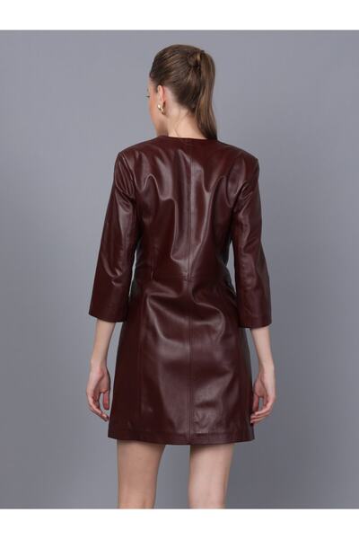 Basics&More Kadın Bordo Deri Elbise Dr01