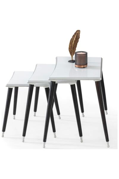 İnegöl Sehpa Ezra Beyaz Dikdörtgen Ahşap 3'lü Zigon Sehpa Siyah Lüx Ayaklı Sehpa