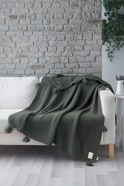 Miespiga Coco Rice Knitted Knitwear TV Blanket Throw Khaki Knitted Sofa Shawl with Pompom