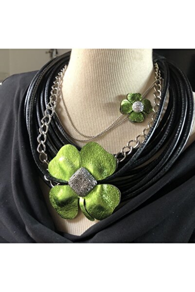 AGG TASARIM Yeşil Çiçek Deri Kolye