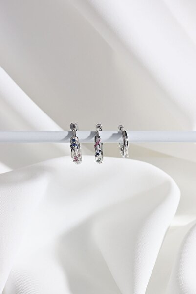 Süspüs Accessories Vip Collectıon 3'lü Renkli Taşlı Sılver Halka Küpe