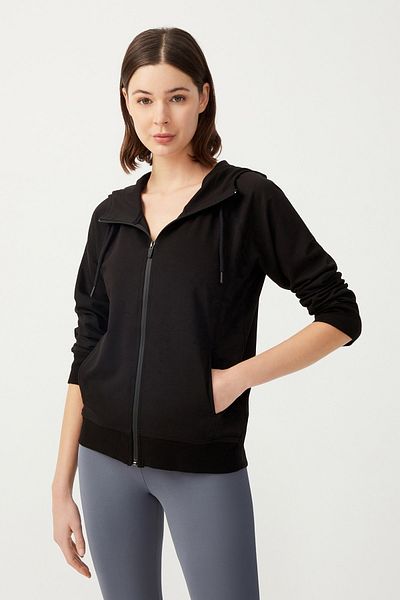 LOS OJOS Schwarzes Sweatshirt-Trainingsoberteil mit Kapuze und Reißverschluss für Damen