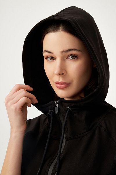 LOS OJOS Schwarzes Sweatshirt-Trainingsoberteil mit Kapuze und Reißverschluss für Damen