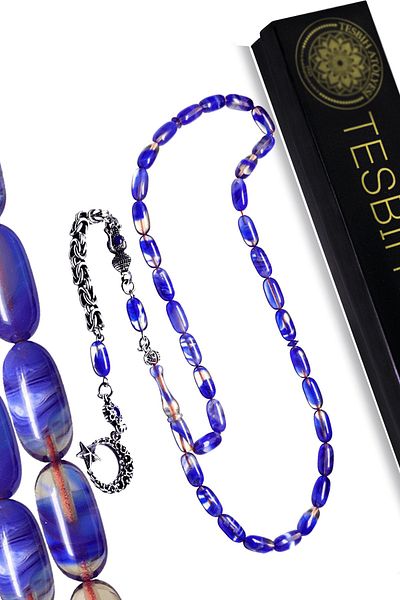 Tesbih Atölyesi Certified Blue Color Capsule Cut Squeezed Amber Prayer Beads